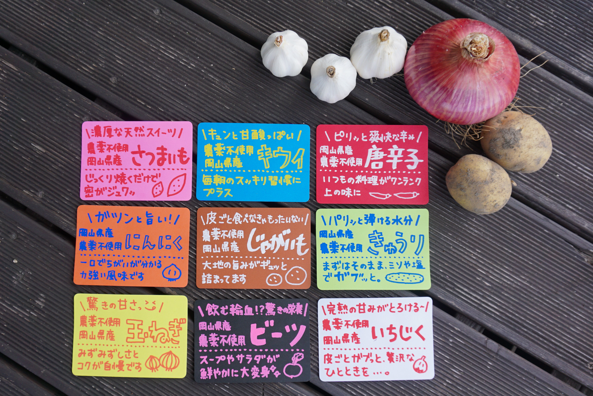 さつまいも・キウイ・唐辛子・にんにく・じゃがいもなど手書きPOPの一覧